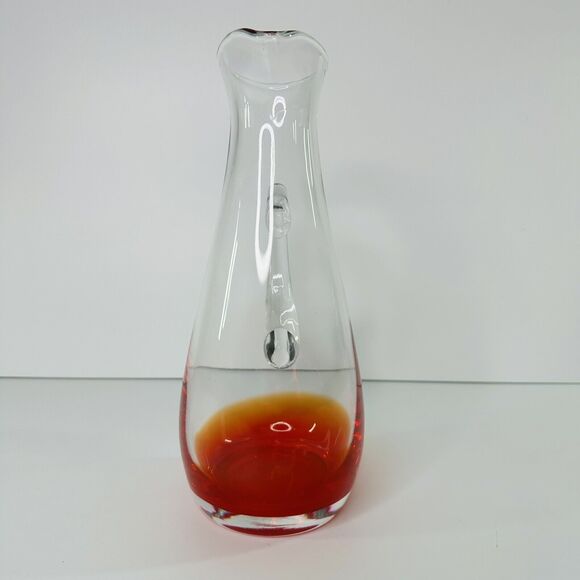 Clear Red Base Art Glass Pitcher Barware Cocktail Party Water Heavy READ - Picture 4 of 13